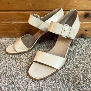 Salvatore Ferragamo 9B Open Toe Tan Buckle Heels